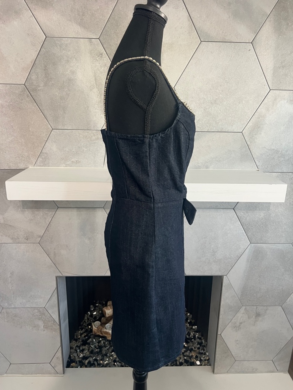 Bebe BOW DETAIL RHINESTONE STRAP GLITTER DENIM DRESS 🎀 - Picture 9 of 13
